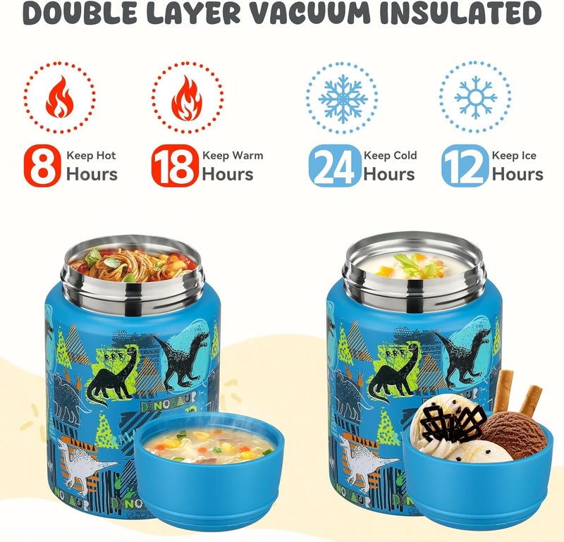 Aimsnk 17oz Soup Thermo for Hot Food Kids Insulated Food Jar,Thermo Hot Food Lunch Container, Width Mouth Stainless Steel Lunch Box for Kids with Handle Folding Spoon(Blue - Dinosaur) - Image 4